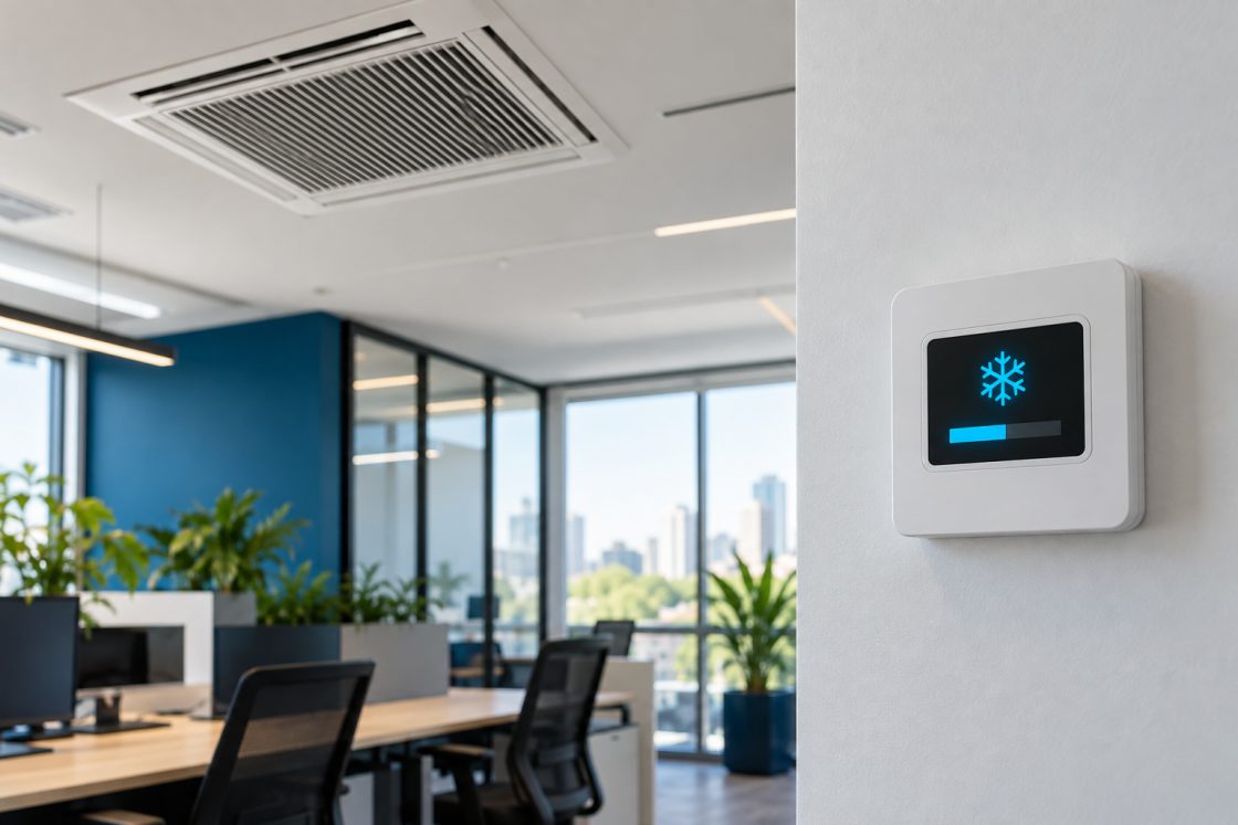 Unidade de ar-condicionado no teto e painel de controle de temperatura na parede