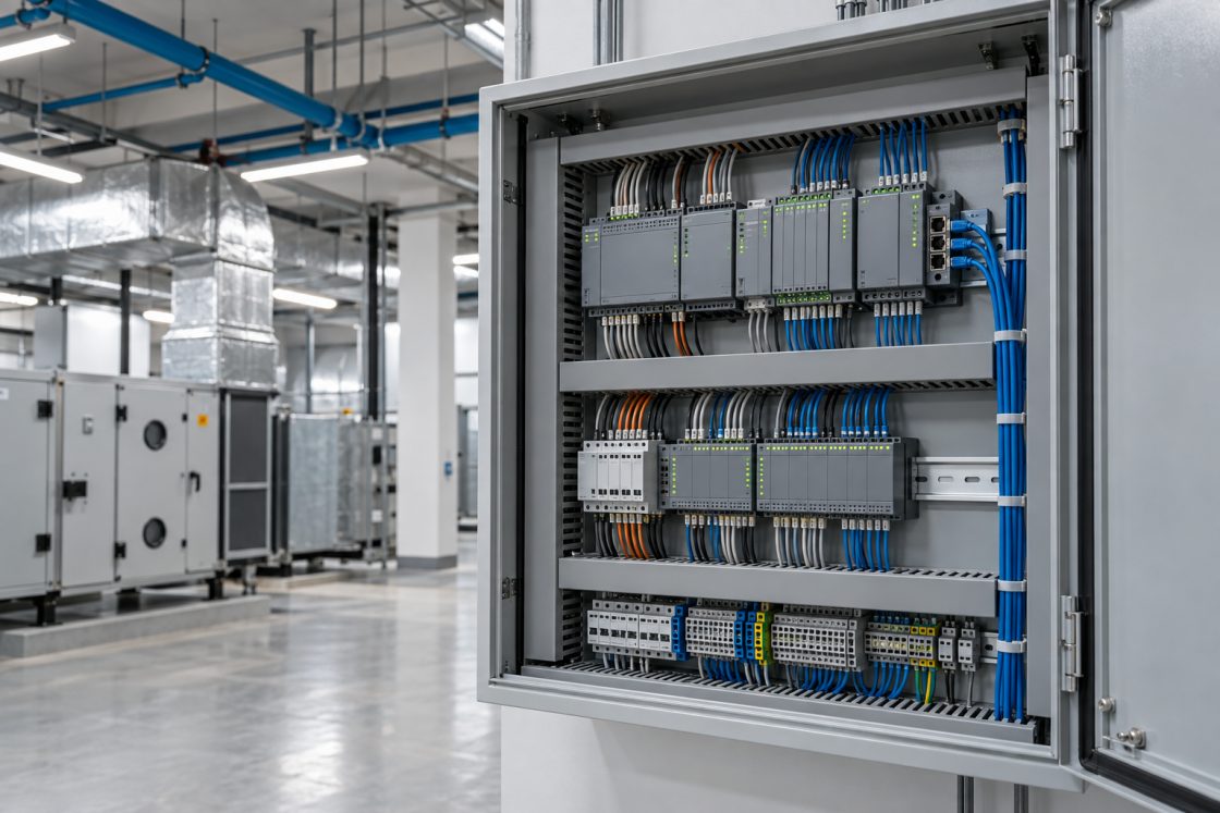 Painel de automação predial com controladores e cabeamento organizado, com unidades de climatização ao fundo