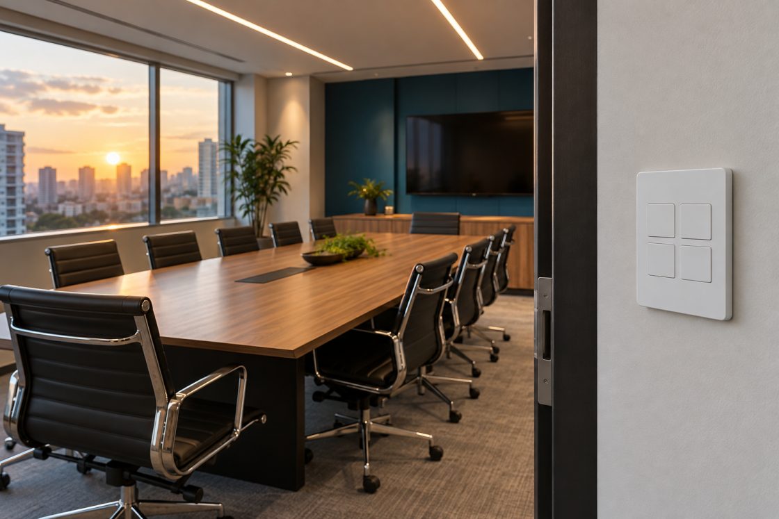 Painel de controle de iluminação DALI na parede de uma sala de reuniões
