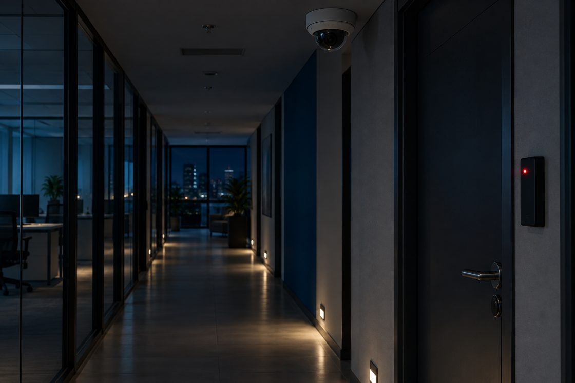 Câmera dome e leitor de controle de acesso integrados em corredor corporativo à noite