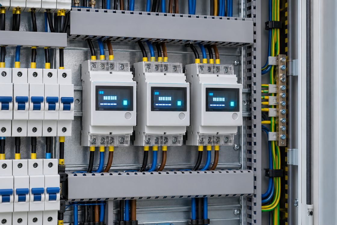 Medidores de energia instalados em quadro elétrico com disjuntores e fiação organizada