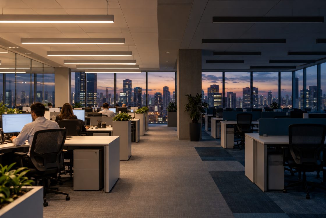 Escritório corporativo de plano aberto com iluminação e vista da cidade ao entardecer