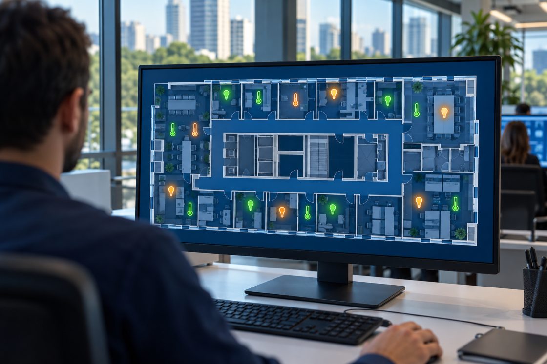 Operador analisando planta baixa com status de iluminação e temperatura em monitor de supervisório