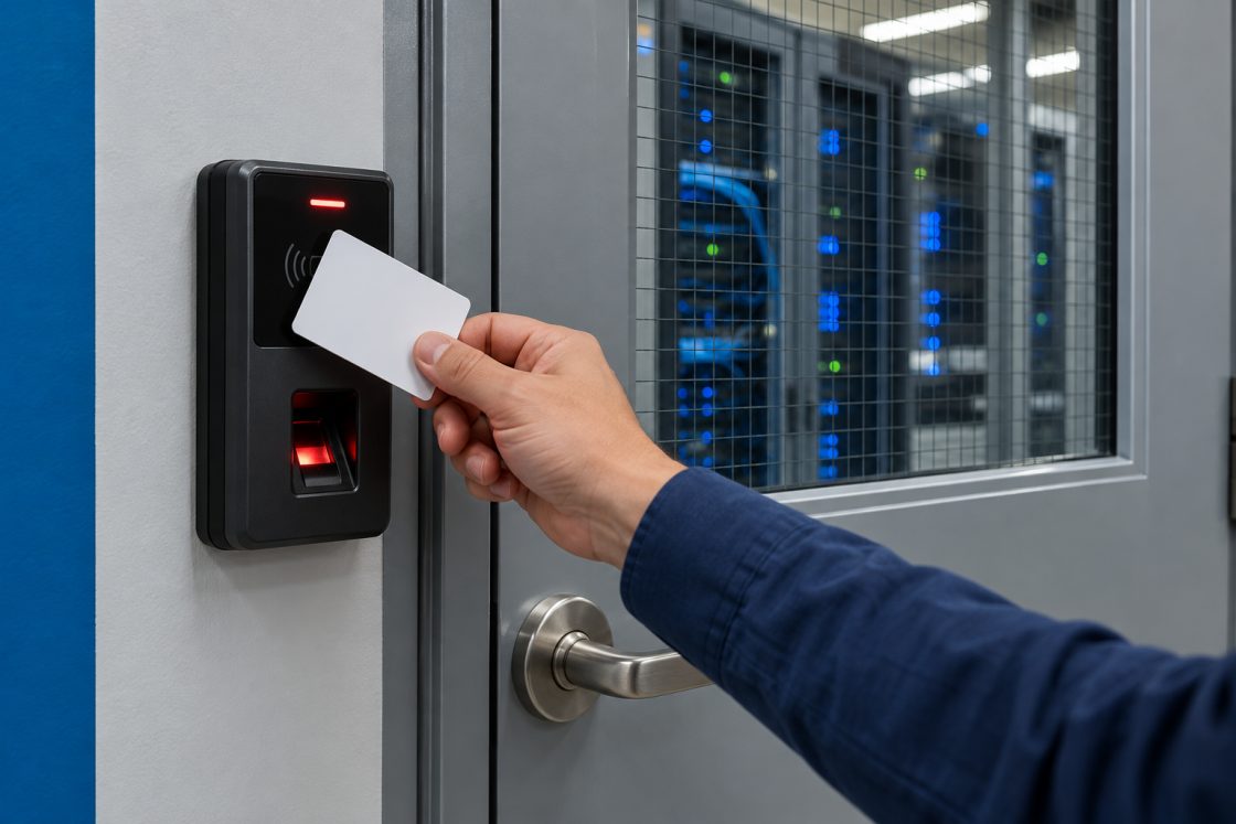 Mão aproximando cartão de leitor com biometria em porta de sala de servidores