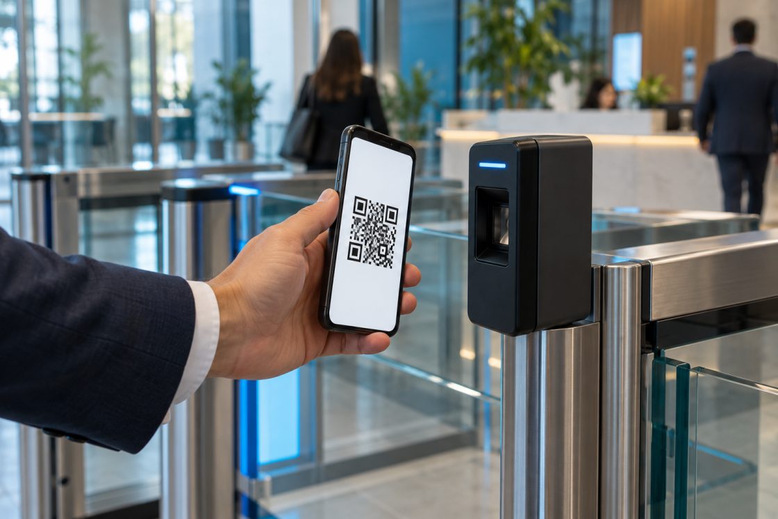 Mão segurando celular com QR Code aproximado de terminal de acesso ao lado de catraca