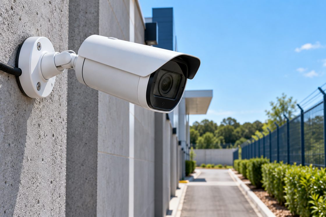 Câmera bullet instalada na parede do perímetro de um edifício industrial