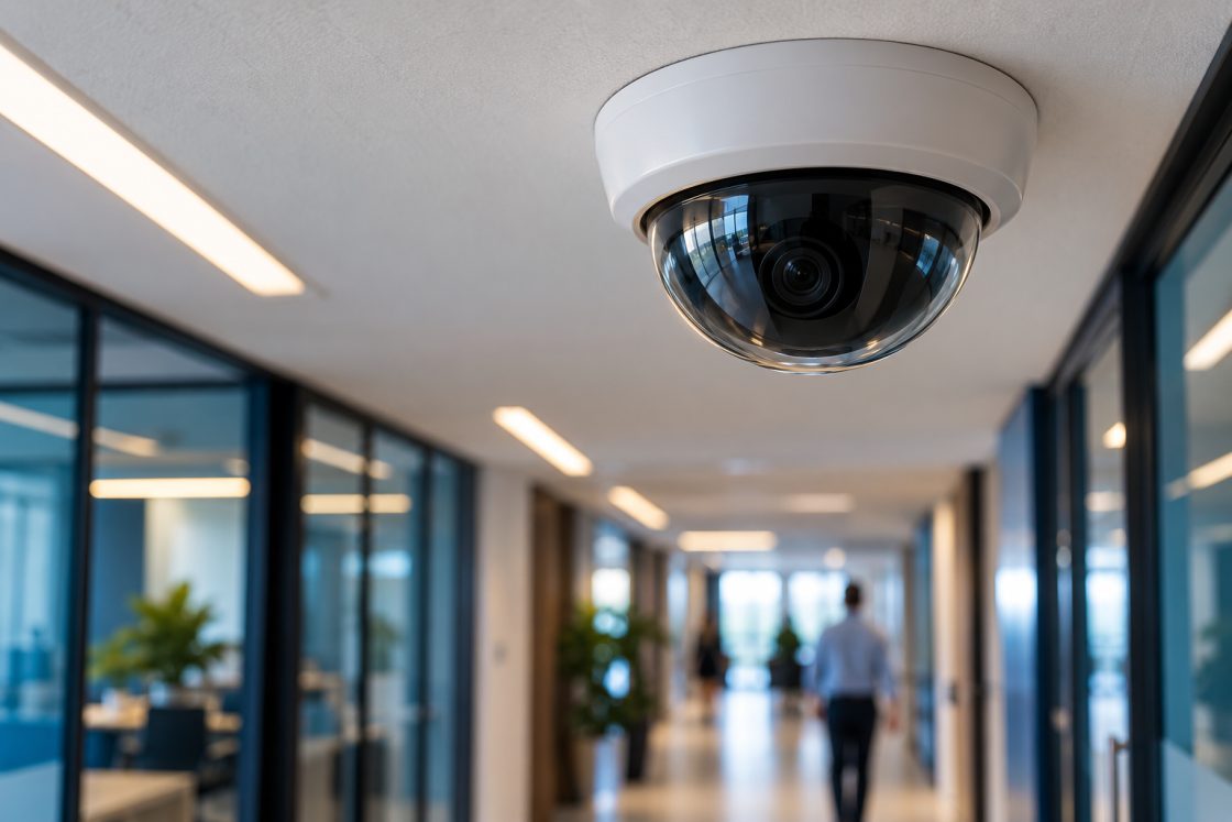 Câmera dome instalada no teto de um corredor de escritório