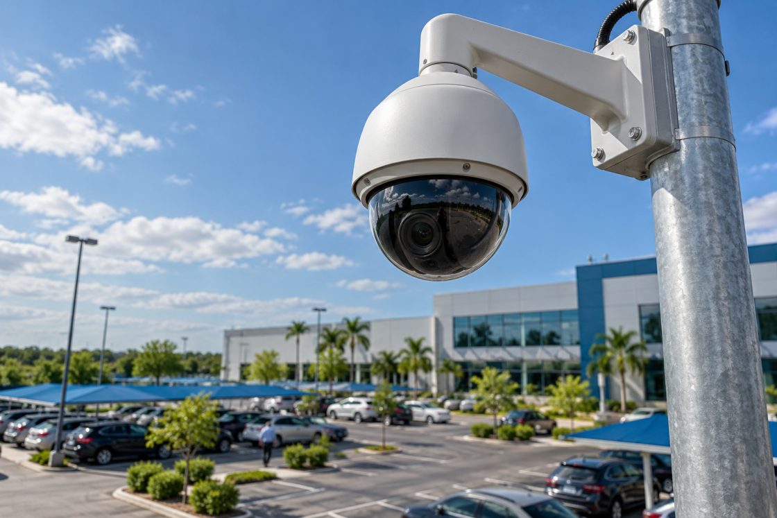 Câmera speed dome PTZ instalada em poste de estacionamento