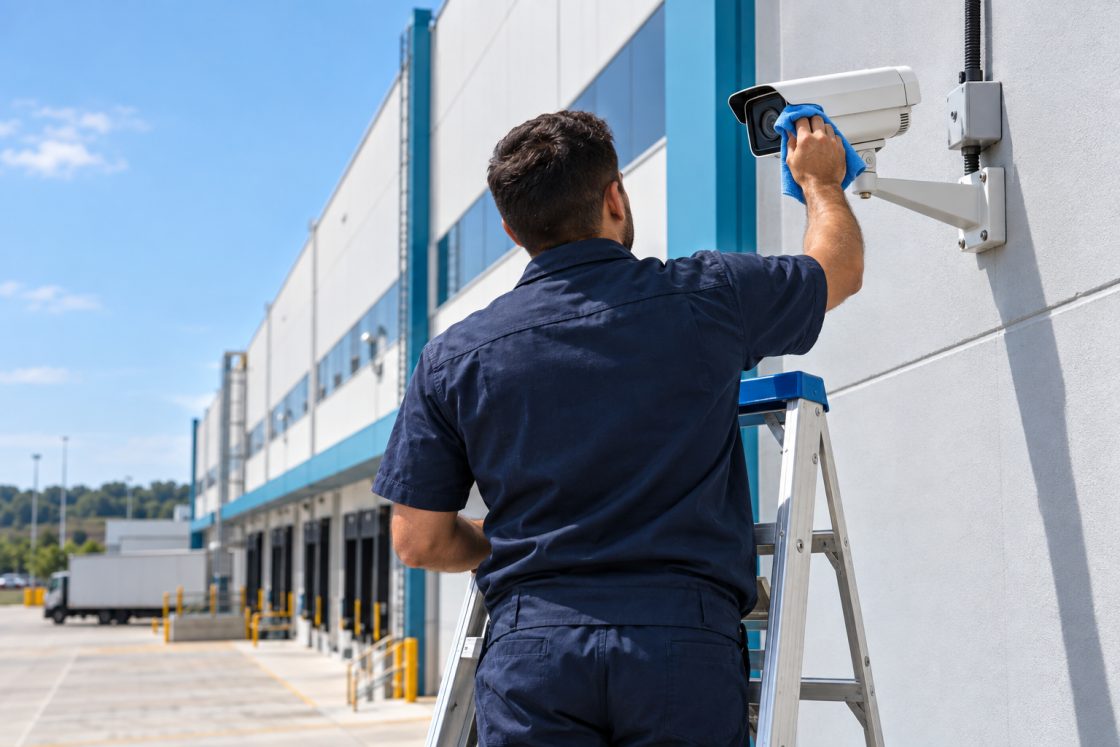 Técnico limpando câmera de CFTV instalada na fachada de um galpão