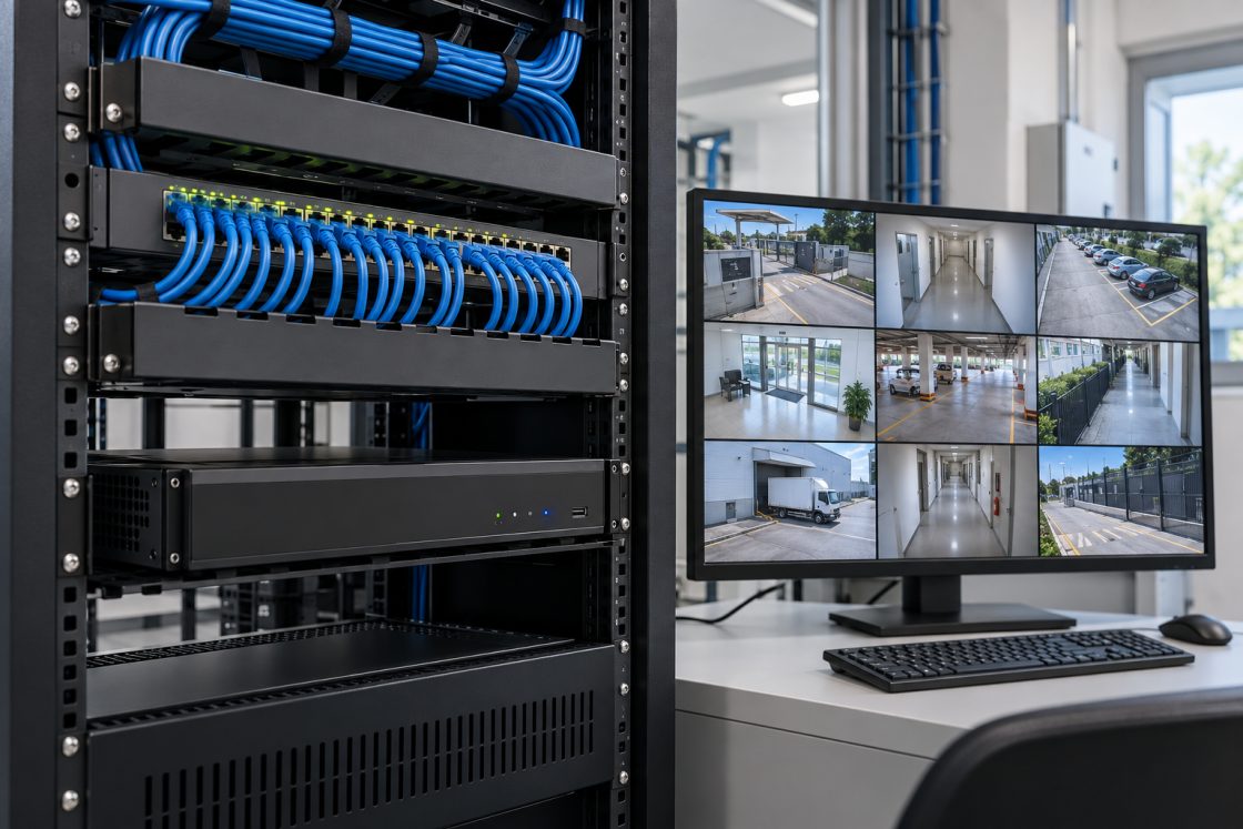 Rack com gravador NVR e monitor exibindo grade de câmeras