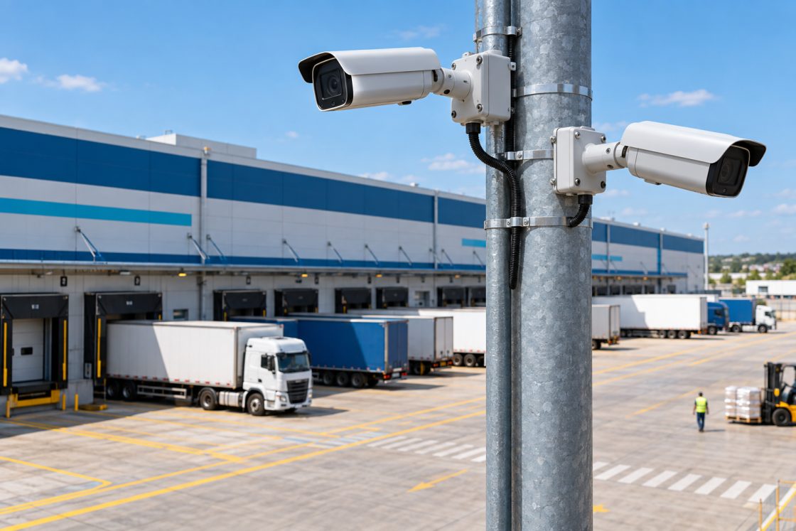 Câmeras bullet monitorando pátio de docas em centro de logística