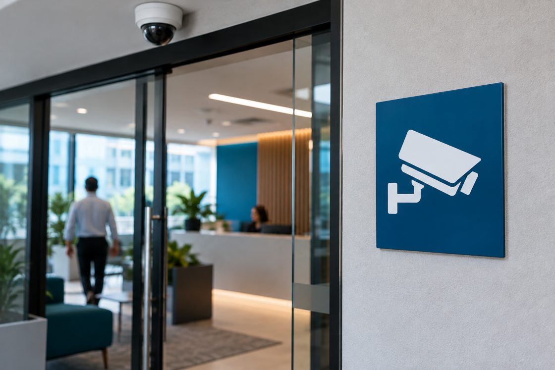 Placa de sinalização de área monitorada por câmeras na entrada de um escritório