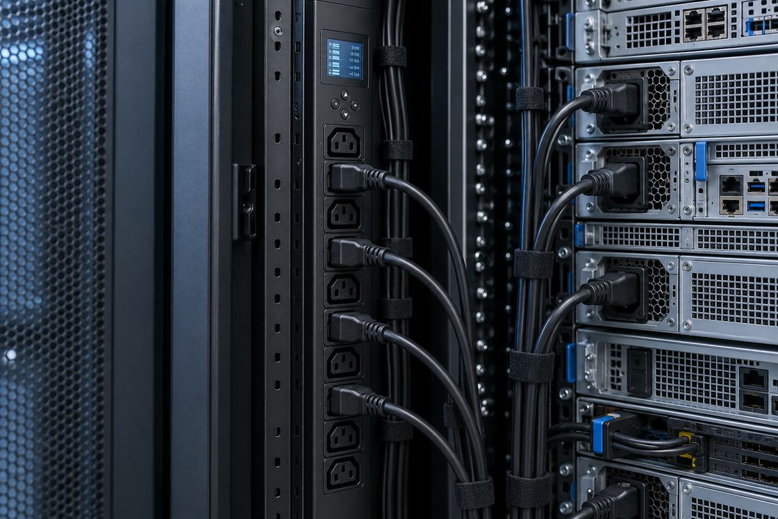 PDU vertical com tomadas e cabos de alimentação na traseira de um rack