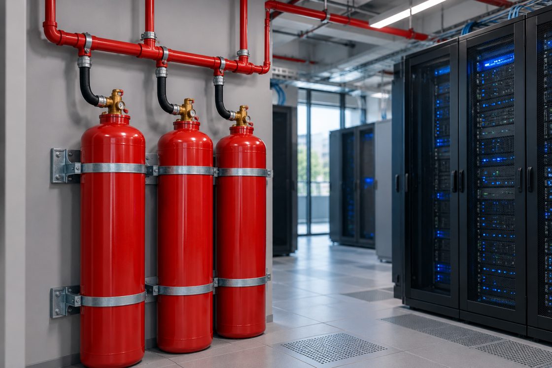 Bateria de cilindros de agente limpo presos à parede em sala técnica de data center