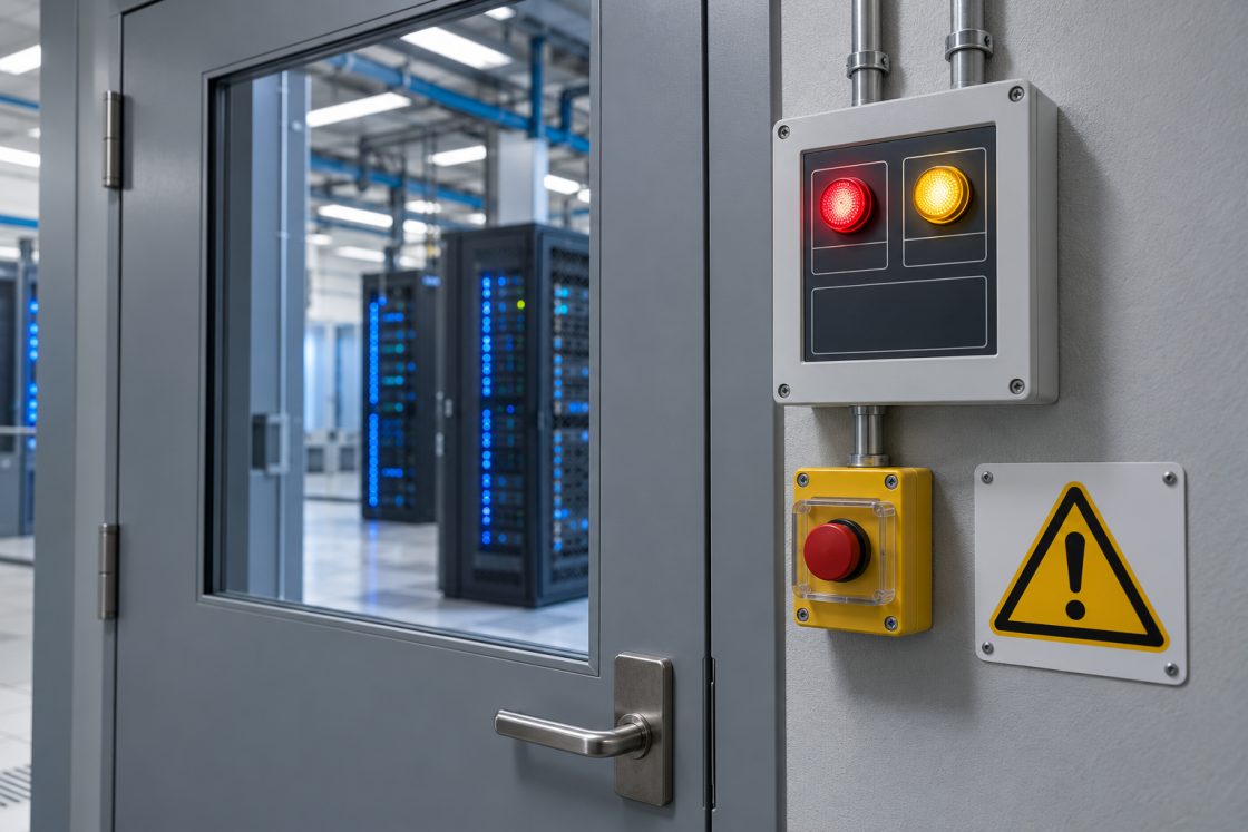 Painel de pré-alarme com luzes vermelha e amarela e botão de bloqueio da descarga ao lado de porta de sala técnica