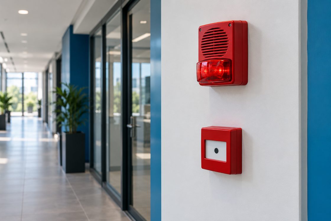 Acionador manual vermelho e sirene com sinalizador visual em parede de corredor
