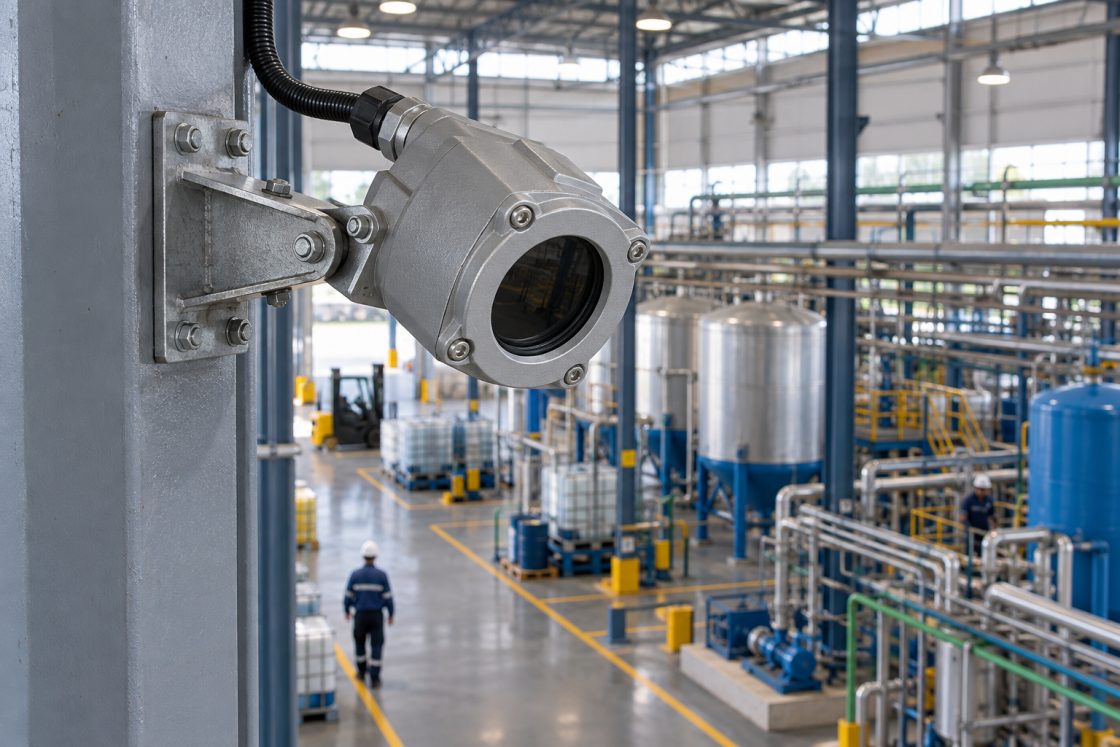 Detector de chama industrial à prova de explosão em galpão com tanques e pallets