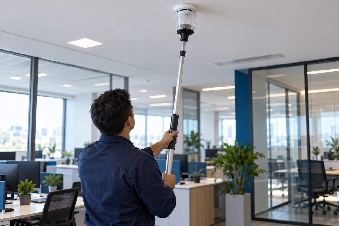 Técnico de costas testando detector de fumaça com haste telescópica no teto de um escritório