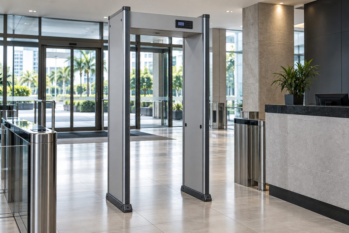 Portal detector de metais instalado em entrada de prédio corporativo