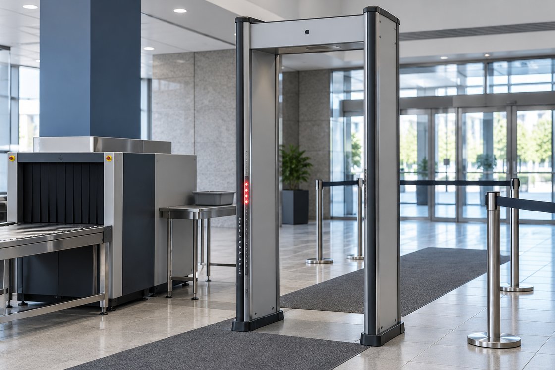 Portal detector de metais com indicadores luminosos de zona na estrutura lateral