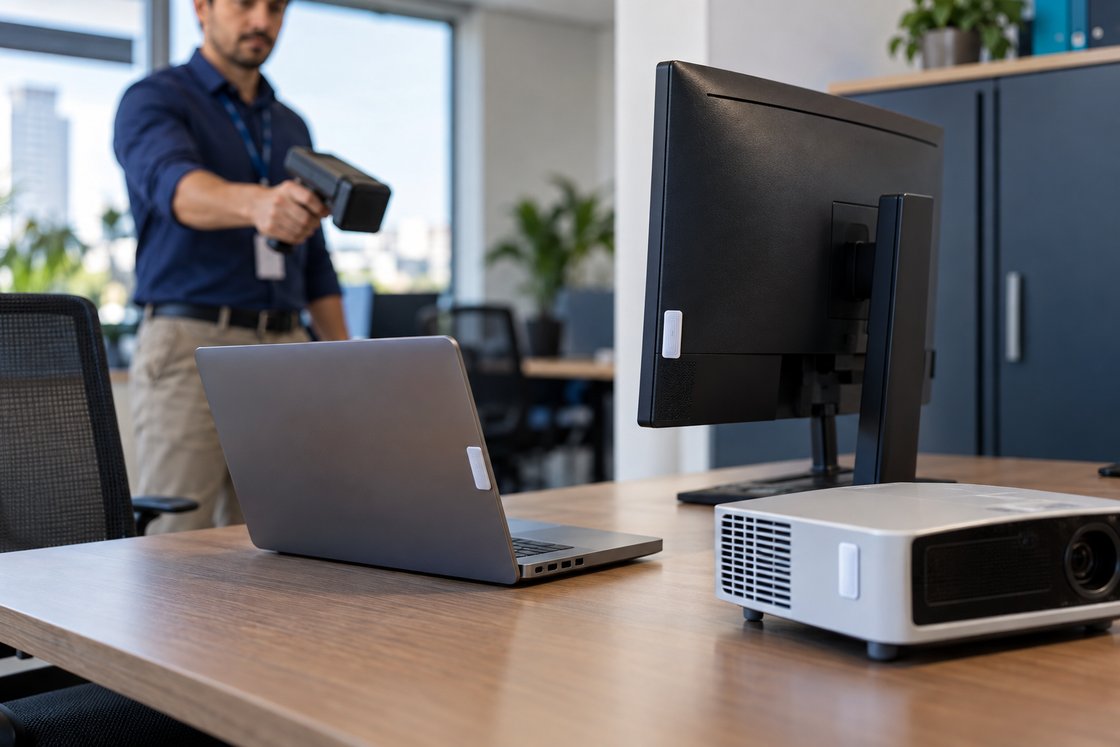 Equipamentos de escritório com etiquetas RFID patrimoniais e leitor portátil