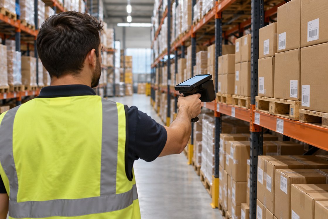 Operador fazendo inventário com leitor RFID portátil em corredor de estoque
