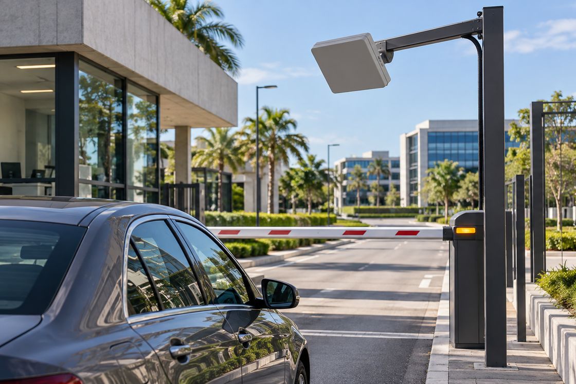 Leitor RFID UHF instalado sobre a cancela de uma portaria veicular