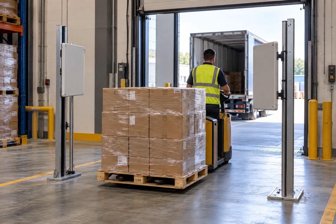 Pallet passando por portal de antenas RFID em doca de expedição