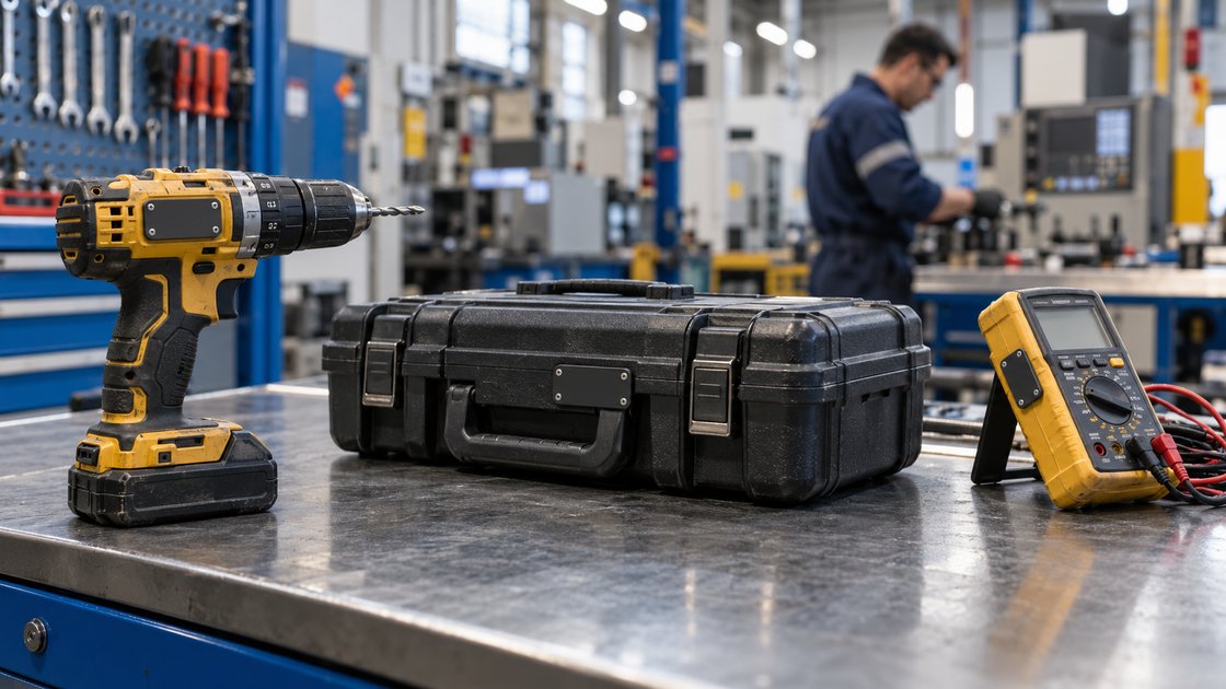 Ferramentas e instrumentos com tags RFID industriais em bancada de manutenção