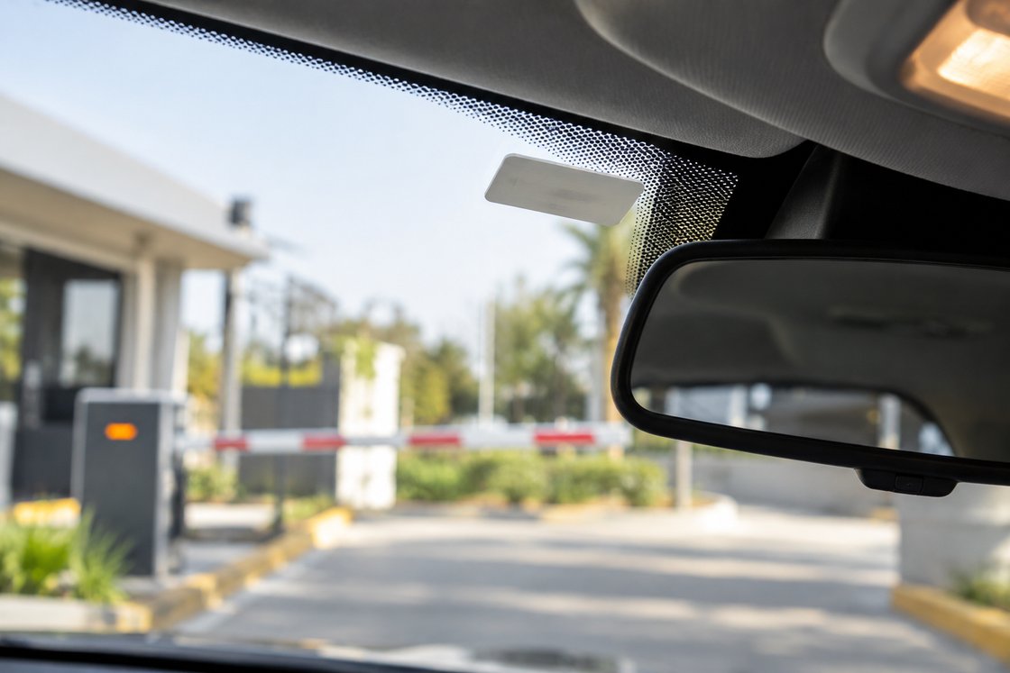 Tag RFID veicular colada no para-brisa, perto do retrovisor