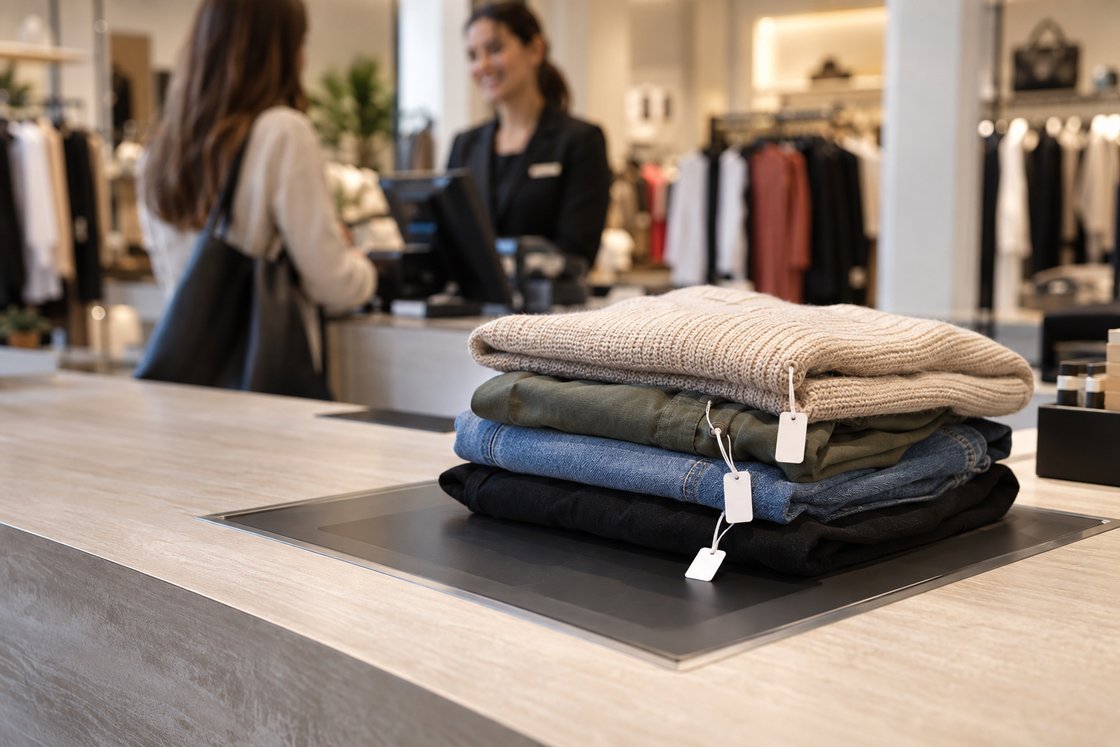 Peças de roupa com etiquetas RFID sobre base de leitura no caixa de uma loja