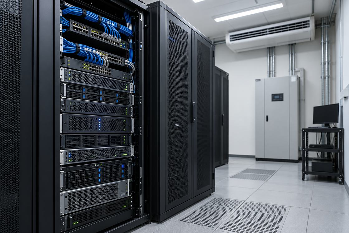 Rack com servidores instalados em sala técnica corporativa