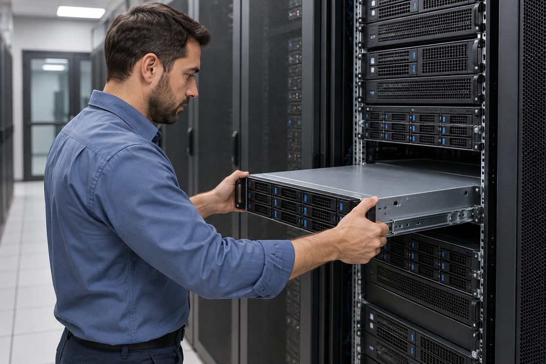 Técnico inspecionando servidor apoiado nos trilhos de um rack